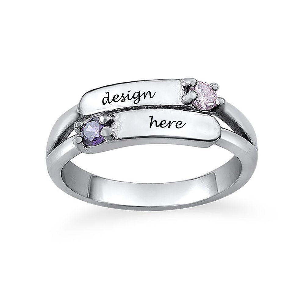 Personalisierter 925er Sterling Silber Doppelter Edelstein Doppelname Ring J0024 mit Gravur selbst gestalten